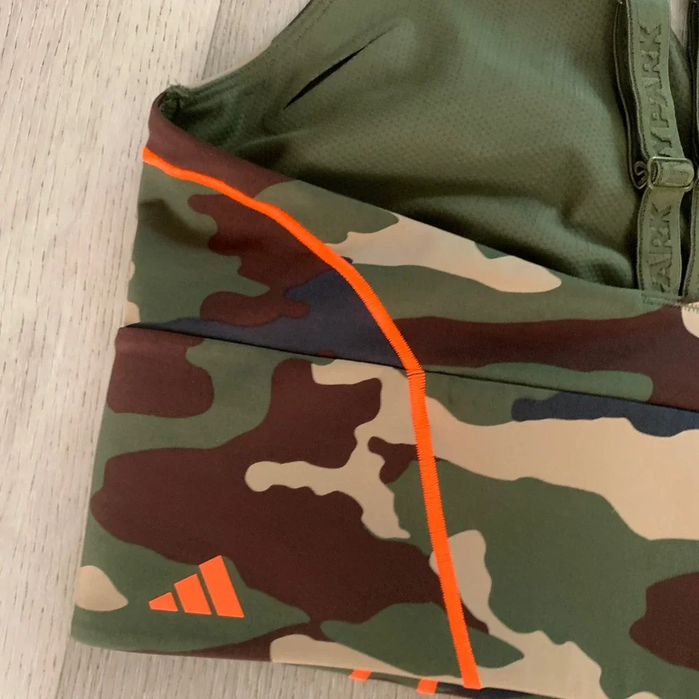 Adidas x Ivy Park Camo Sports Bra Neon Orange Piping Green Brown Camouflage